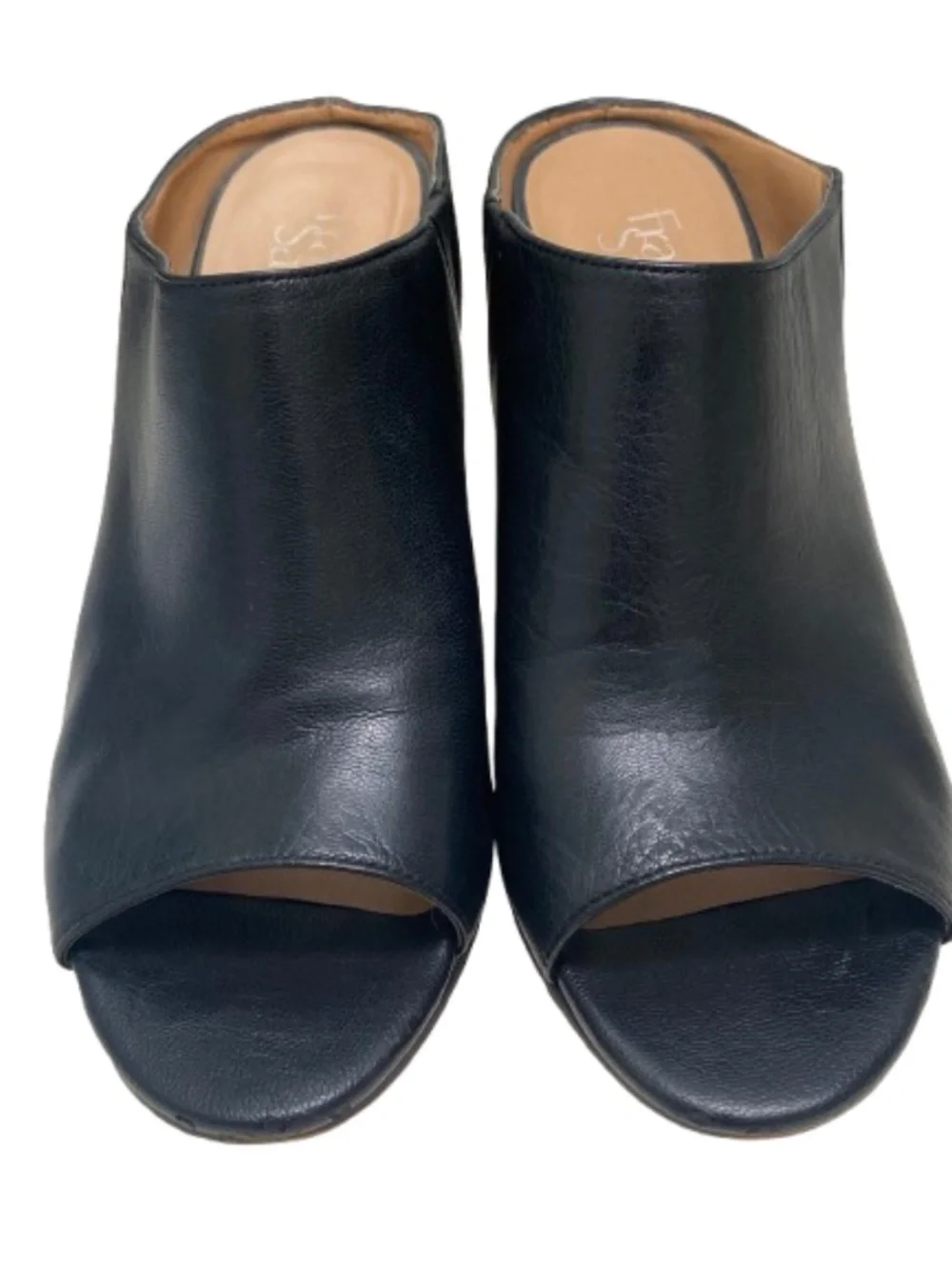 Franco Sarto Black Leather Peep Toe Block Heel Mules